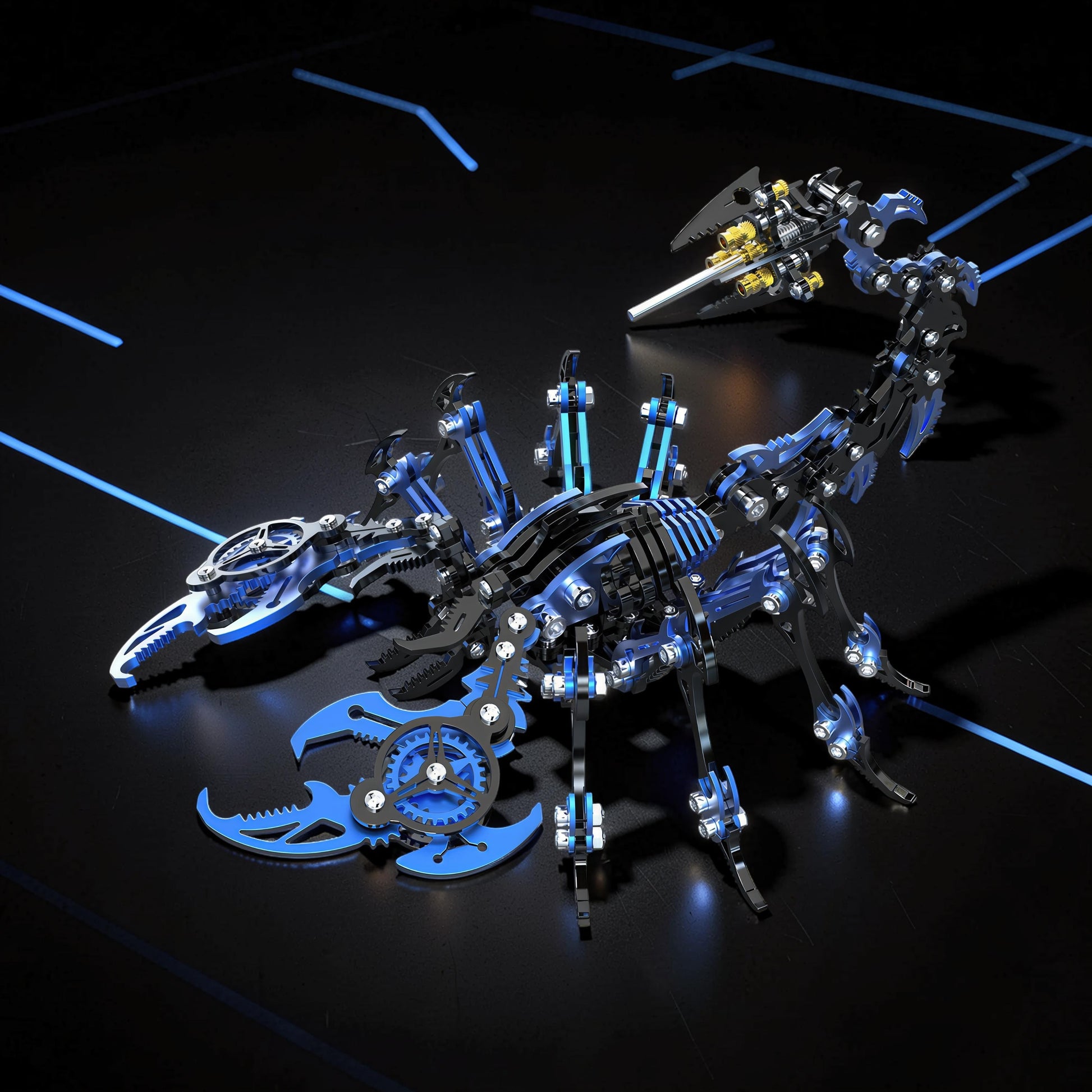 The Curious Mind Black Edition Mechanical Scorpion 3D metal model kit with blue and black accents, intricate gears, and metallic finish.