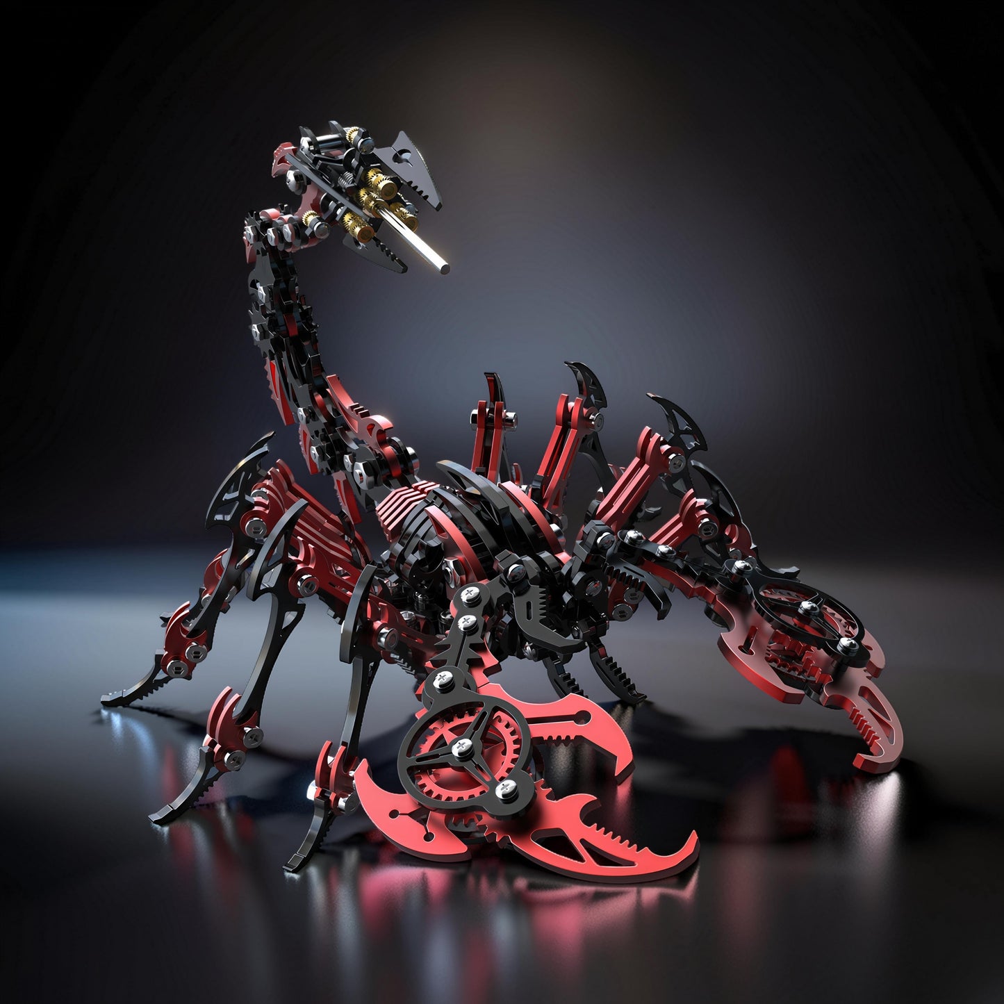The Curious Mind Black Edition Mechanical Scorpion 3D metal model kit with intricate gears and red and black detailing.