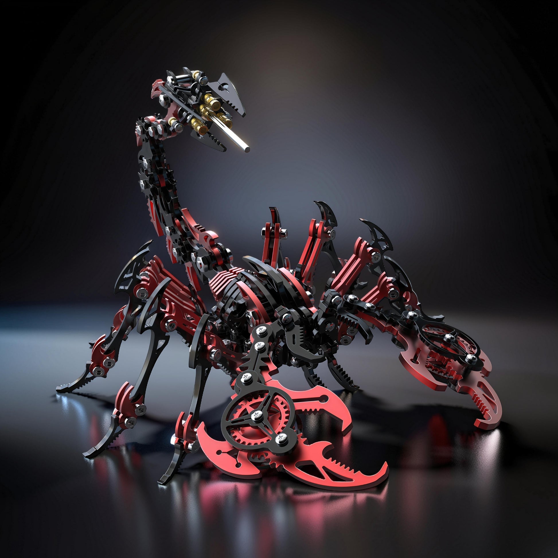 The Curious Mind Black Edition Mechanical Scorpion 3D metal model kit with intricate gears and red and black detailing.