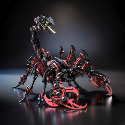 The Curious Mind Black Edition Mechanical Scorpion 3D metal model kit with intricate gears and red and black detailing.