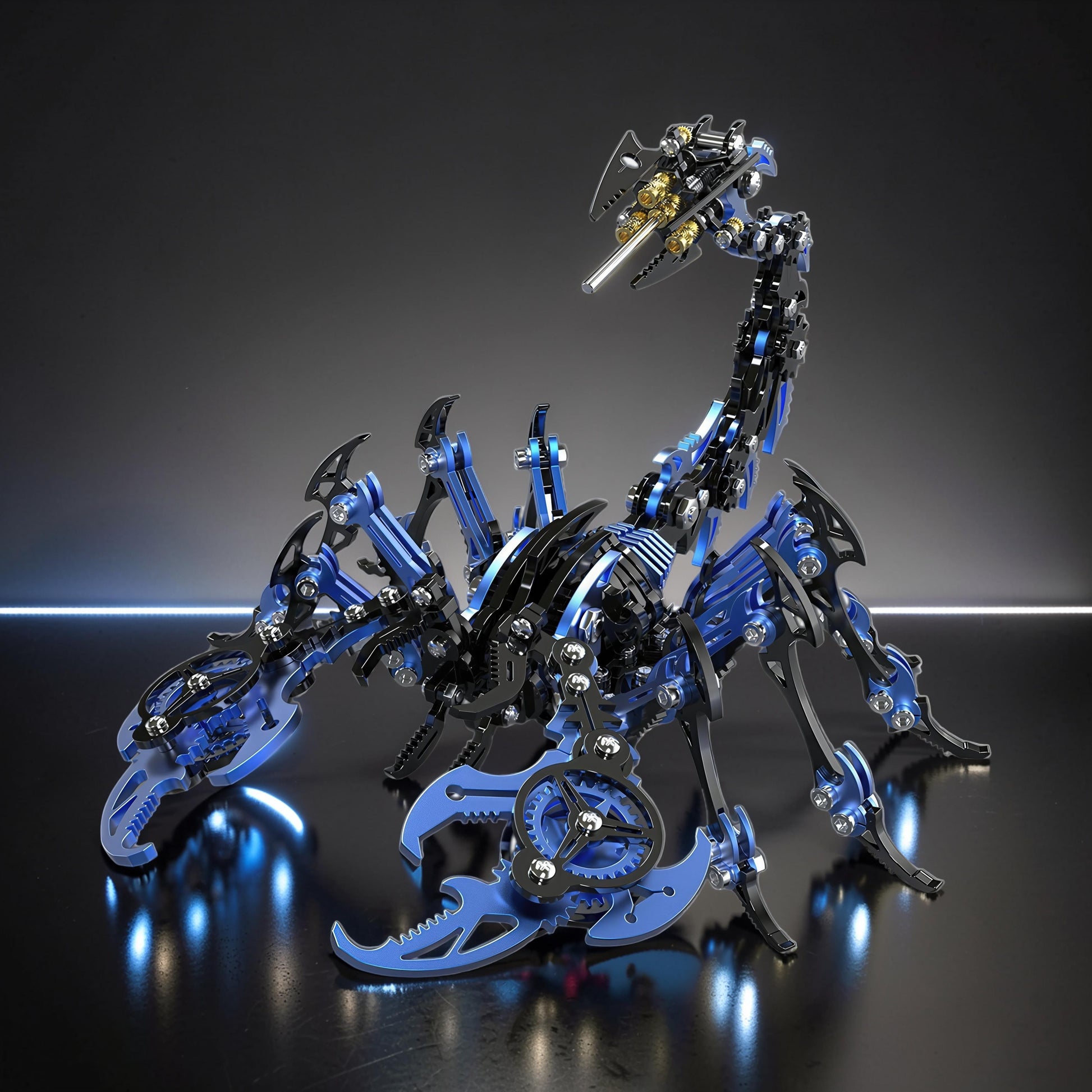 The Curious Mind Black Edition Mechanical Scorpion 3D metal model kit with blue and black accents, intricate gears, and detailed legs.