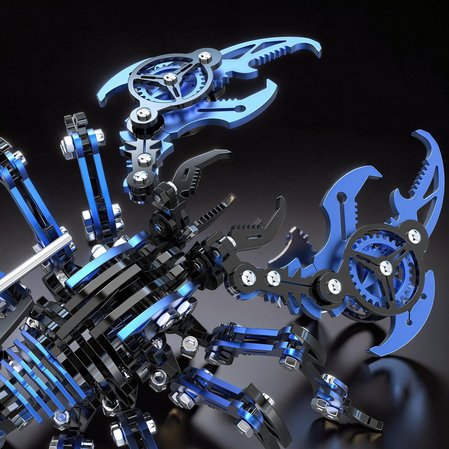 The Curious Mind Black Edition Mechanical Scorpion 3D metal model kit with blue and black metallic accents.