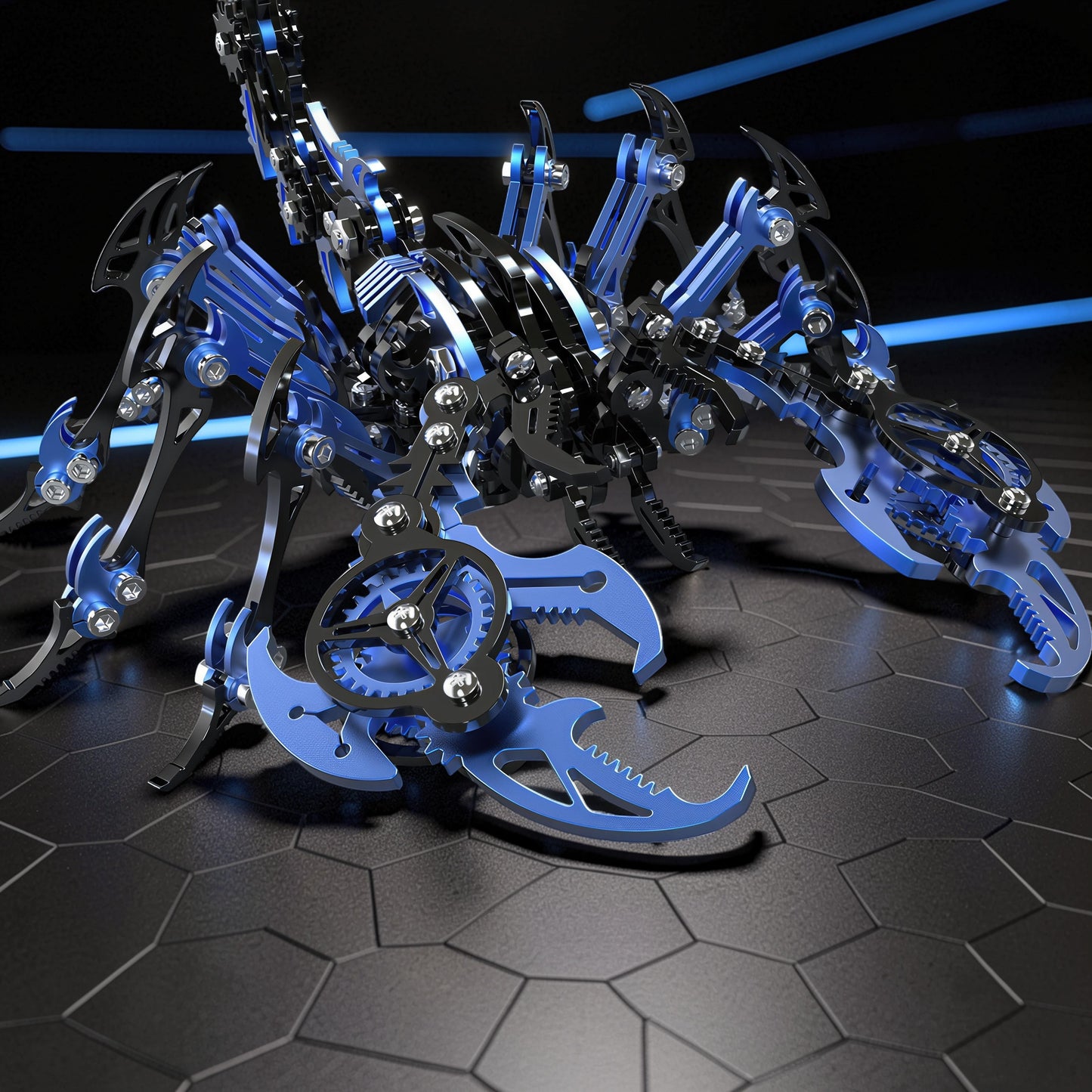 The Curious Mind Black Edition Mechanical Scorpion 3D metal model kit with blue and black metallic parts and intricate gears.