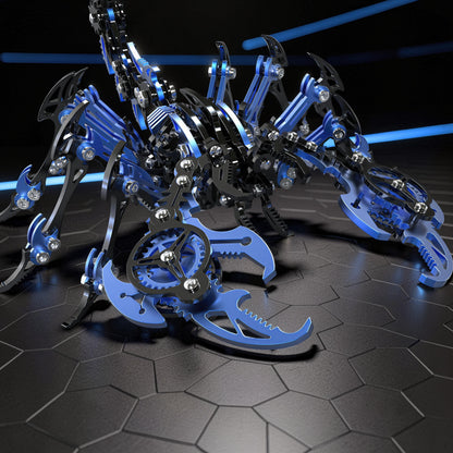 The Curious Mind Black Edition Mechanical Scorpion 3D metal model kit with blue and black metallic parts and intricate gears.