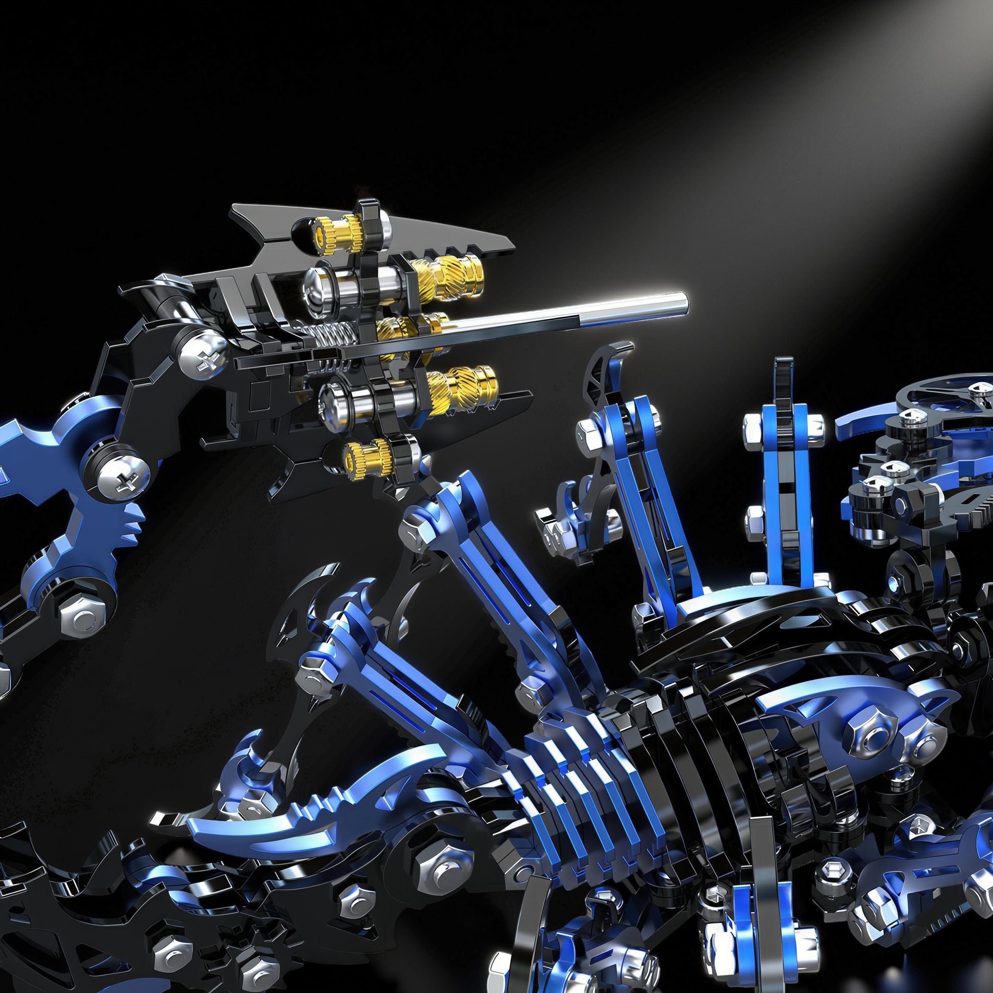 The Curious Mind Black Edition Mechanical Scorpion 3D metal model kit with blue and black metal parts and gold accents.