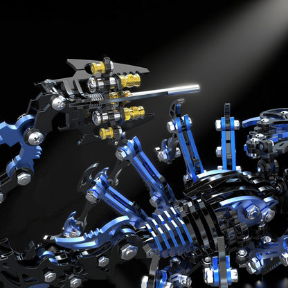 The Curious Mind Black Edition Mechanical Scorpion 3D metal model kit with blue and black metal parts and gold accents.