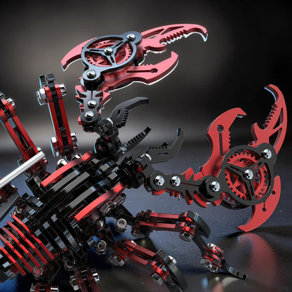 The Curious Mind Black Edition Mechanical Scorpion 3D metal model kit with red and black accents and intricate gear details.