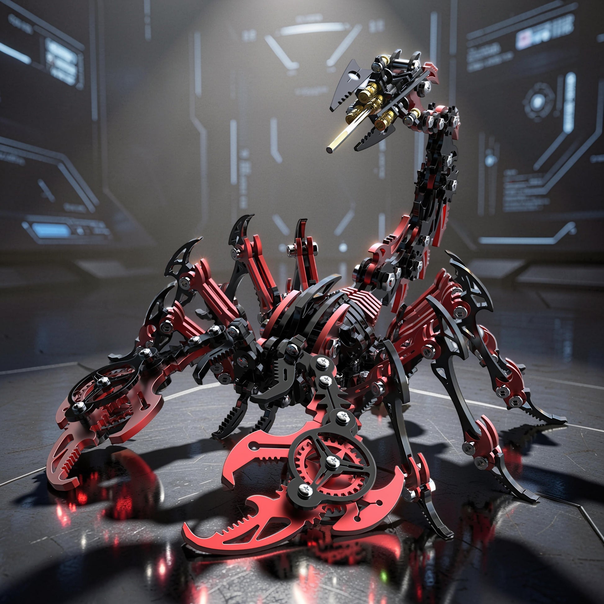 The Curious Mind Black Edition Mechanical Scorpion 3D metal model kit with red and black accents.
