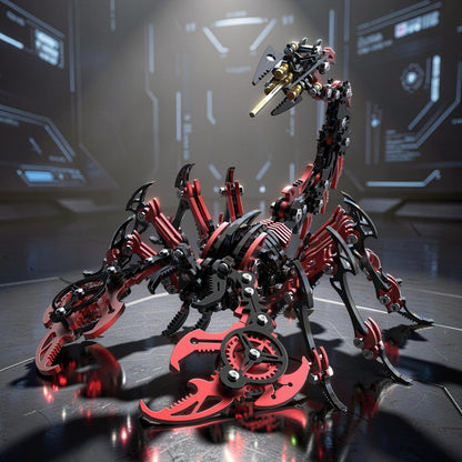The Curious Mind Black Edition Mechanical Scorpion 3D metal model kit with red and black accents.