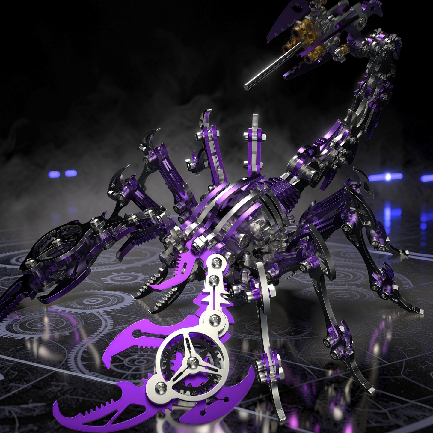 The Curious Mind Mechanical Scorpion 3D metal model kit in purple and silver, featuring intricate gears and a steampunk design.