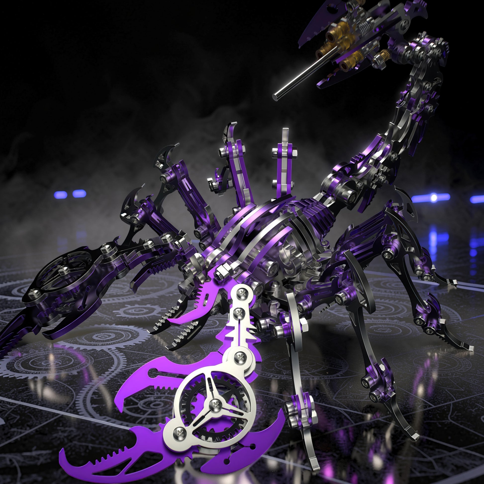 The Curious Mind Mechanical Scorpion 3D metal model kit in purple and silver, featuring intricate gears and a steampunk design.