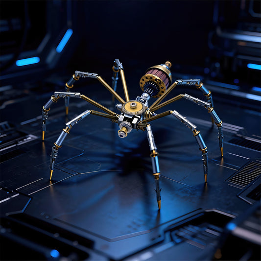 The Curious Mind Style C mechanical spider DIY kit, made of metal, with gold and silver accents, on a dark blue futuristic surface.