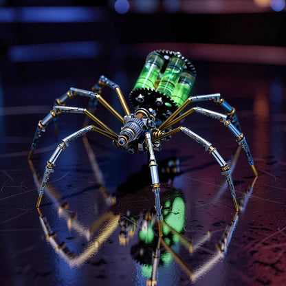 The Curious Mind mechanical spider DIY kit with green glowing vials and intricate metal details.