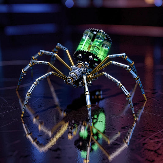 The Curious Mind mechanical spider DIY kit with green glowing vials and intricate metal details.