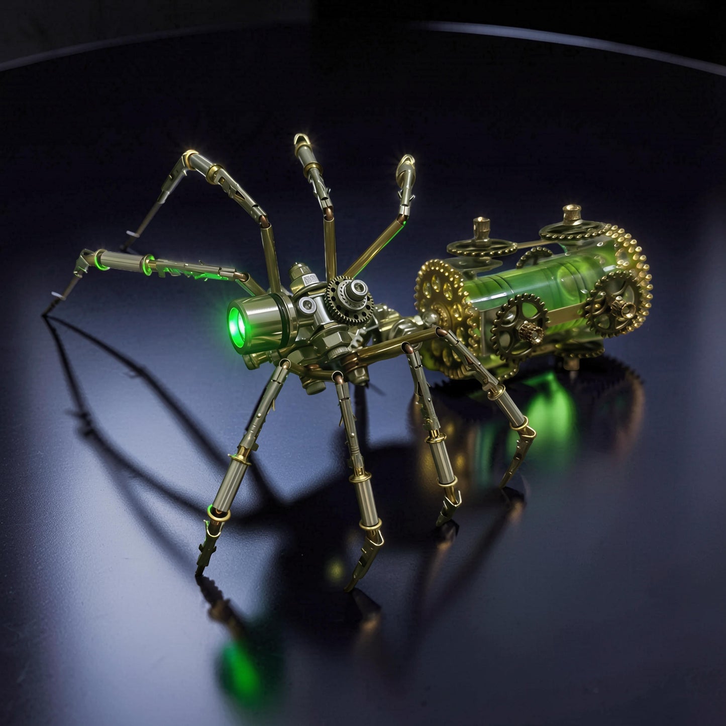 The Curious Mind Style E mechanical spider DIY kit, made of metal with green glowing eyes and a transparent green body with visible gears.