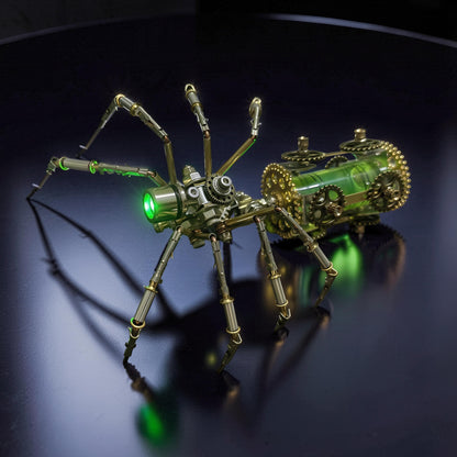 The Curious Mind Style E mechanical spider DIY kit, made of metal with green glowing eyes and a transparent green body with visible gears.