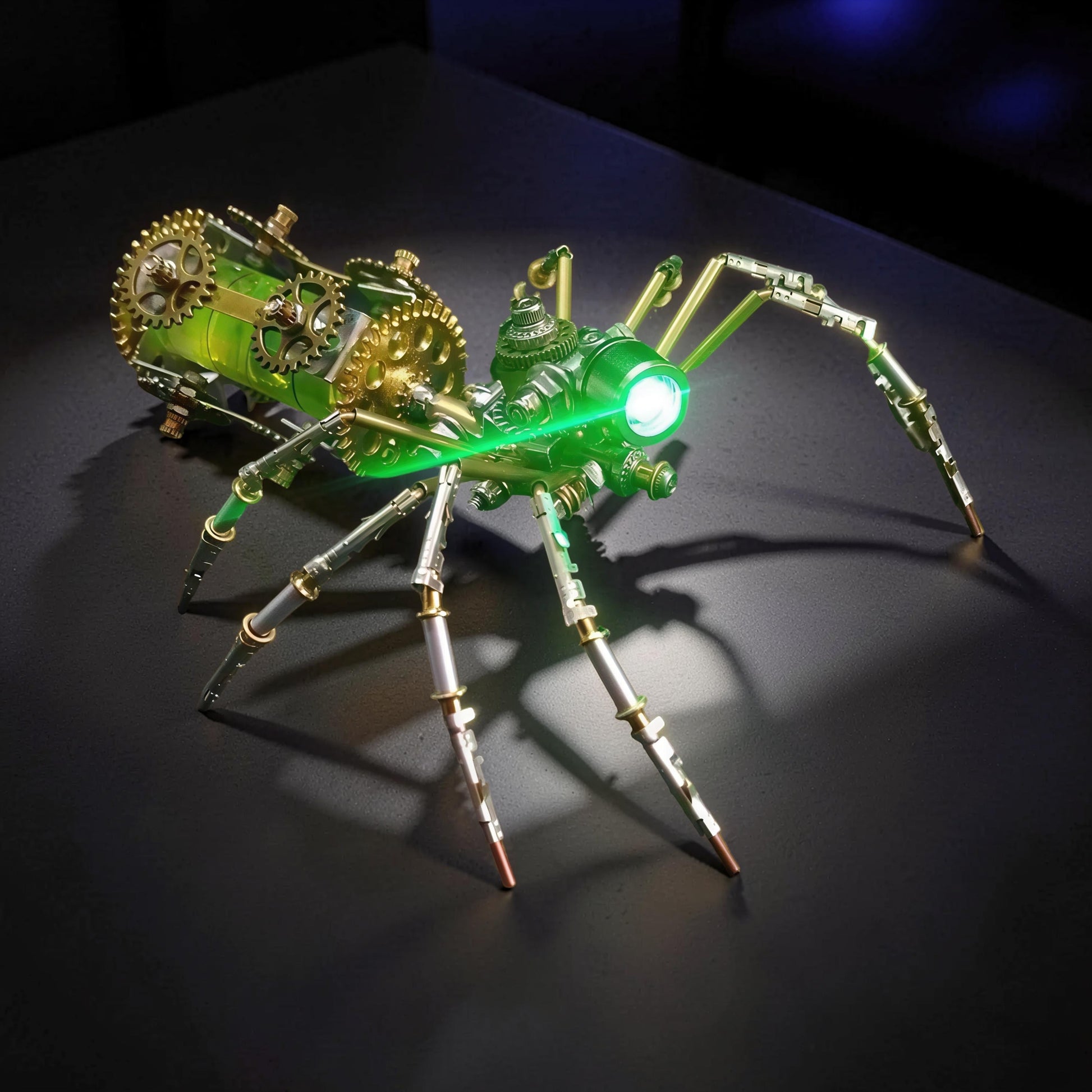 The Curious Mind Style E mechanical spider DIY kit with green light-up eyes and intricate metal gears.