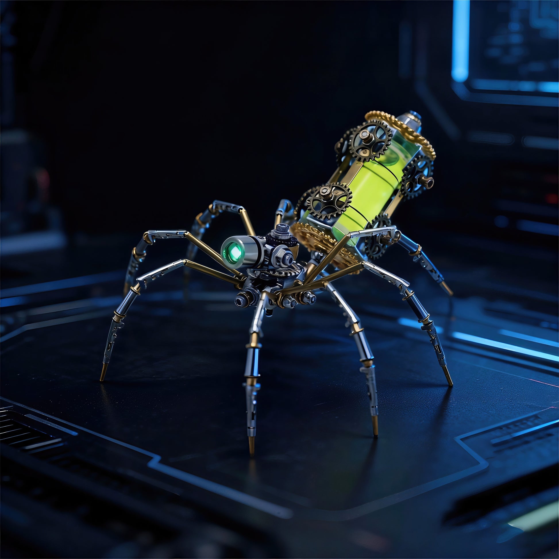The Curious Mind Style E mechanical spider model kit, made of metal with a green glowing eye and a yellow liquid-filled body.