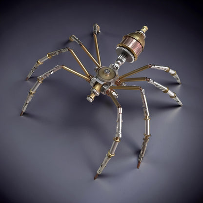 The Curious Mind Style C mechanical spider model kit, made of metal with brass and silver accents, featuring intricate gears and articulated legs.