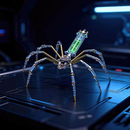 The Curious Mind mechanical spider DIY kit, made of metal with gold and silver accents, featuring a green liquid-filled vial.