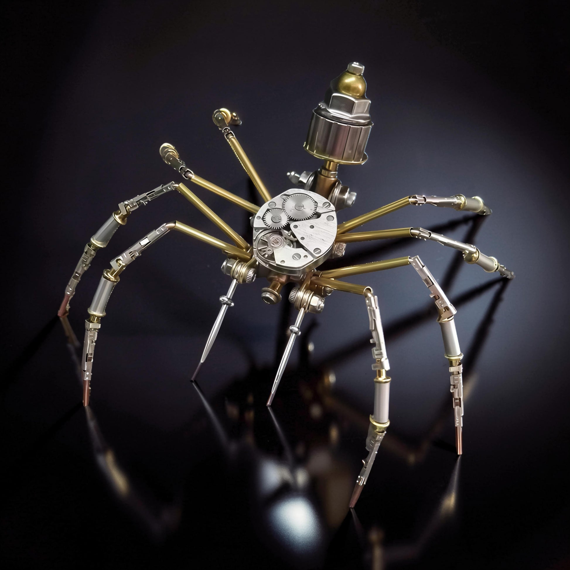 The Curious Mind Style A mechanical spider DIY kit, made of metal with intricate gears and brass legs.