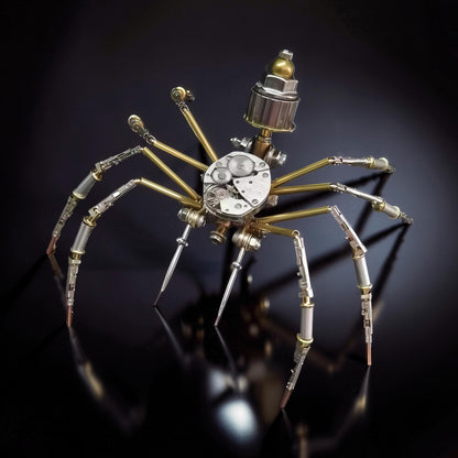 The Curious Mind Style A mechanical spider DIY kit, made of metal with intricate gears and brass legs.