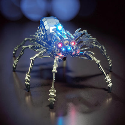 The Curious Mind Mechanical Spider 3D metal model kit with blue and red LED lights, intricate mechanical details, and articulated legs.