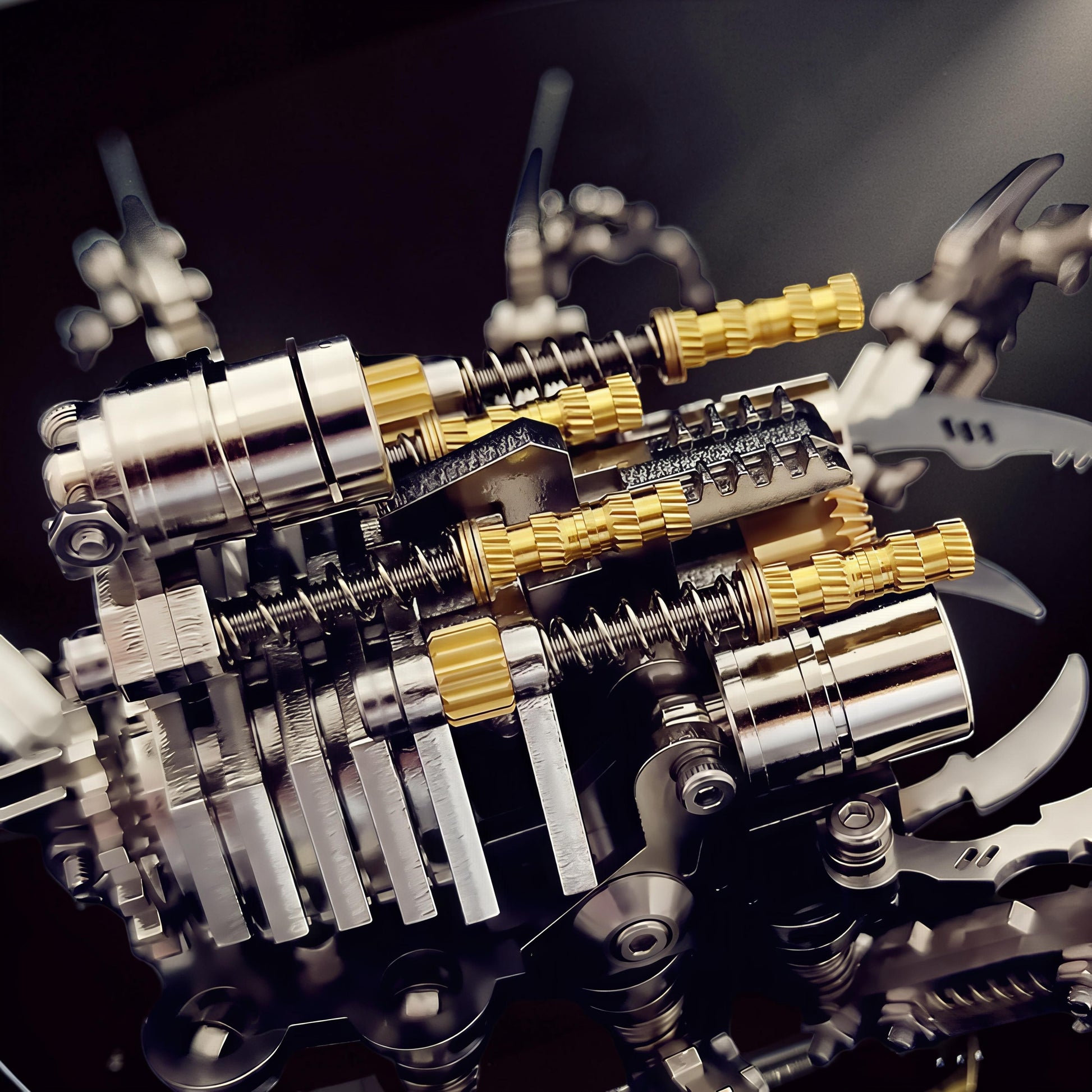 The Curious Mind Mechanical Spider 3D metal model kit with intricate gears, springs, and metallic finishes. Features gold accents and sharp, claw-like legs.