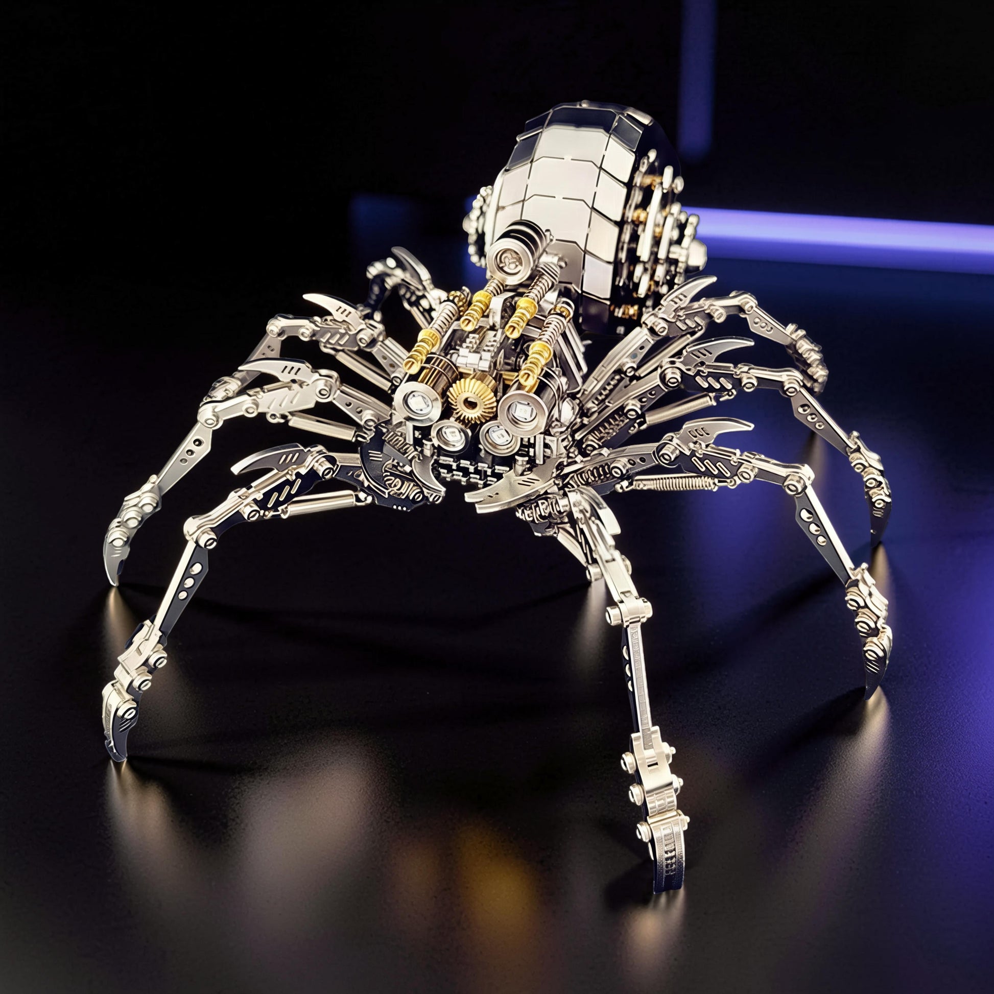 The Curious Mind Mechanical Spider 3D metal model kit with intricate gears and light-up features.