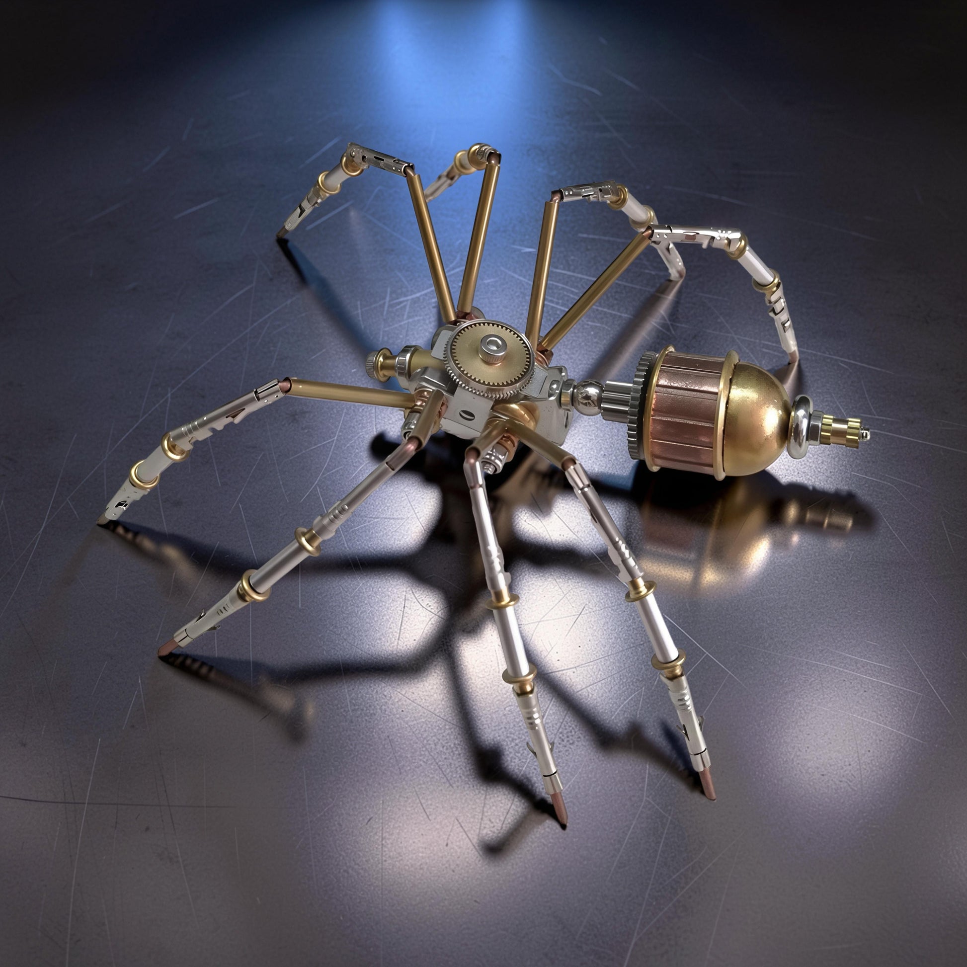 The Curious Mind Style C mechanical spider model kit, made of metal with brass and silver accents. Intricate gears and segmented legs.