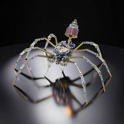 The Curious Mind Style A mechanical spider model kit, made of metal with intricate gears and copper accents.