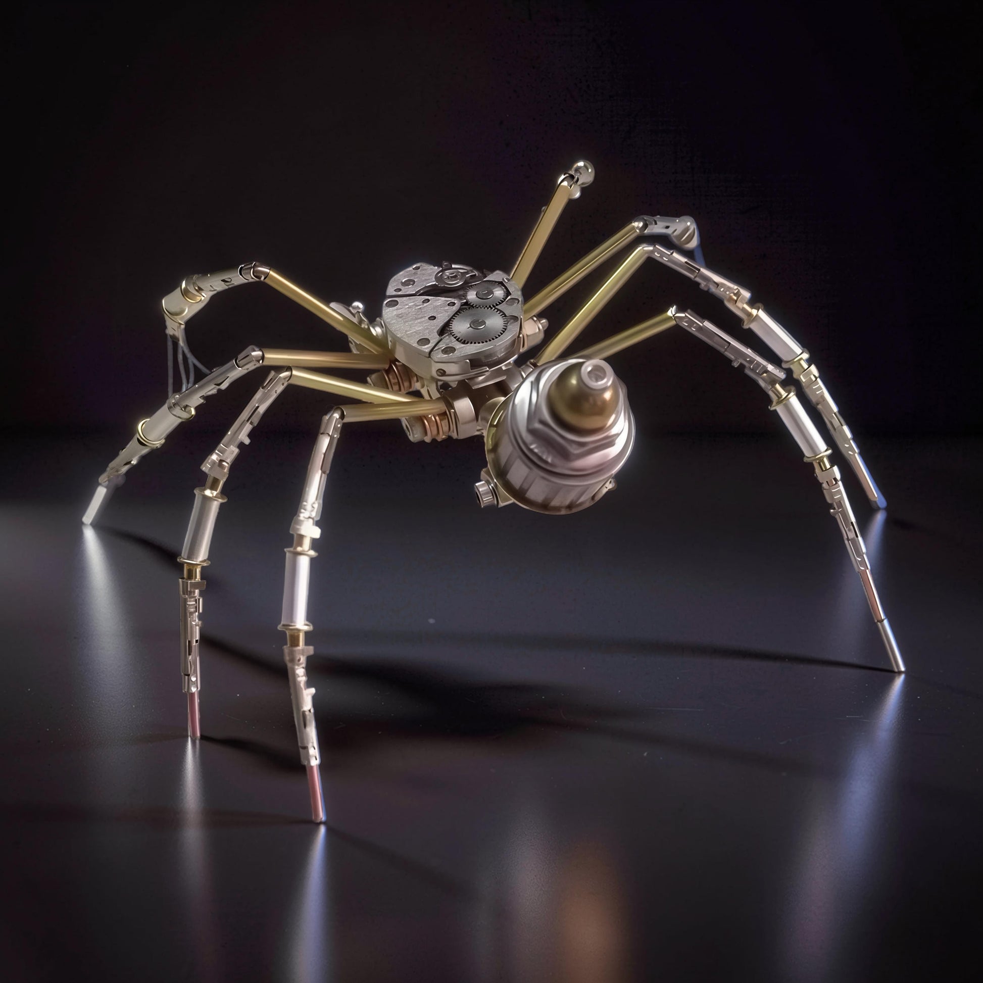 The Curious Mind Style A mechanical spider model kit, made of metal with intricate gears and brass accents. A detailed steampunk-inspired creature.