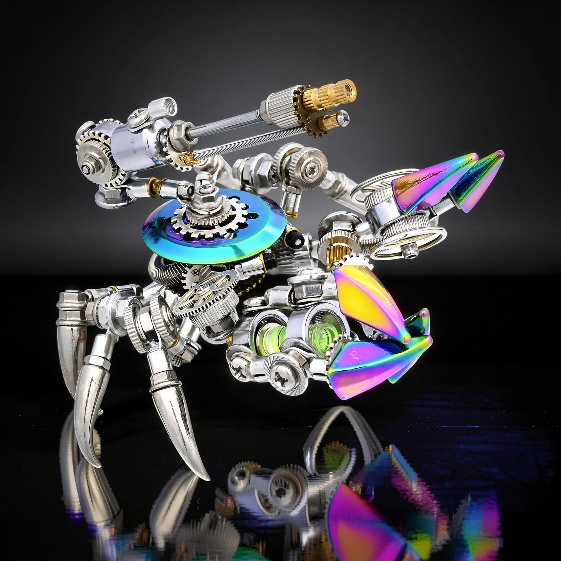 The Curious Mind Premium 3D metal model kit of a crab with iridescent claws and gears. Intricate mechanical design.
