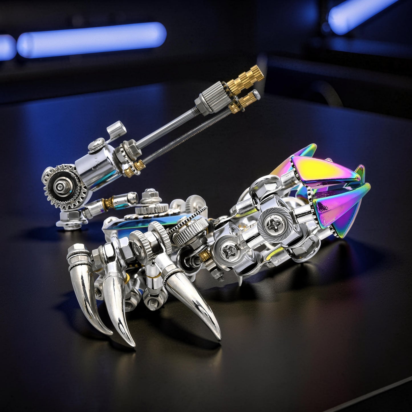 The Curious Mind Premium 3D metal model kit of a crab with iridescent accents and intricate mechanical details.