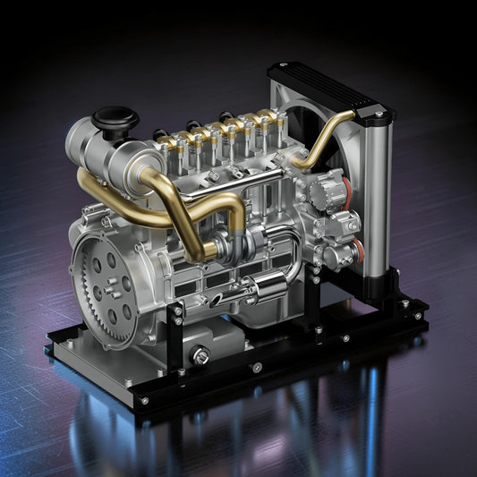 The Curious Mind premium metal 4-cylinder diesel engine model kit with intricate details and brass accents.