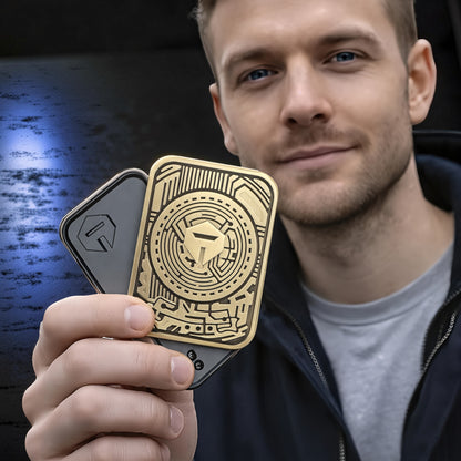 The Curious Mind Three-Body Push Card Fidget, a compact metal fidget toy with intricate gold-tone circuitry design and a grey backing.