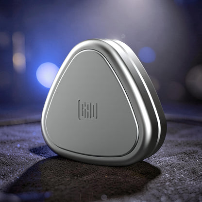 The Curious Mind silver metal rice ball push card fidget slider with embossed logo.