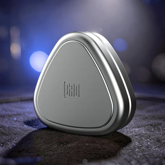 The Curious Mind silver metal rice ball push card fidget slider with embossed logo.