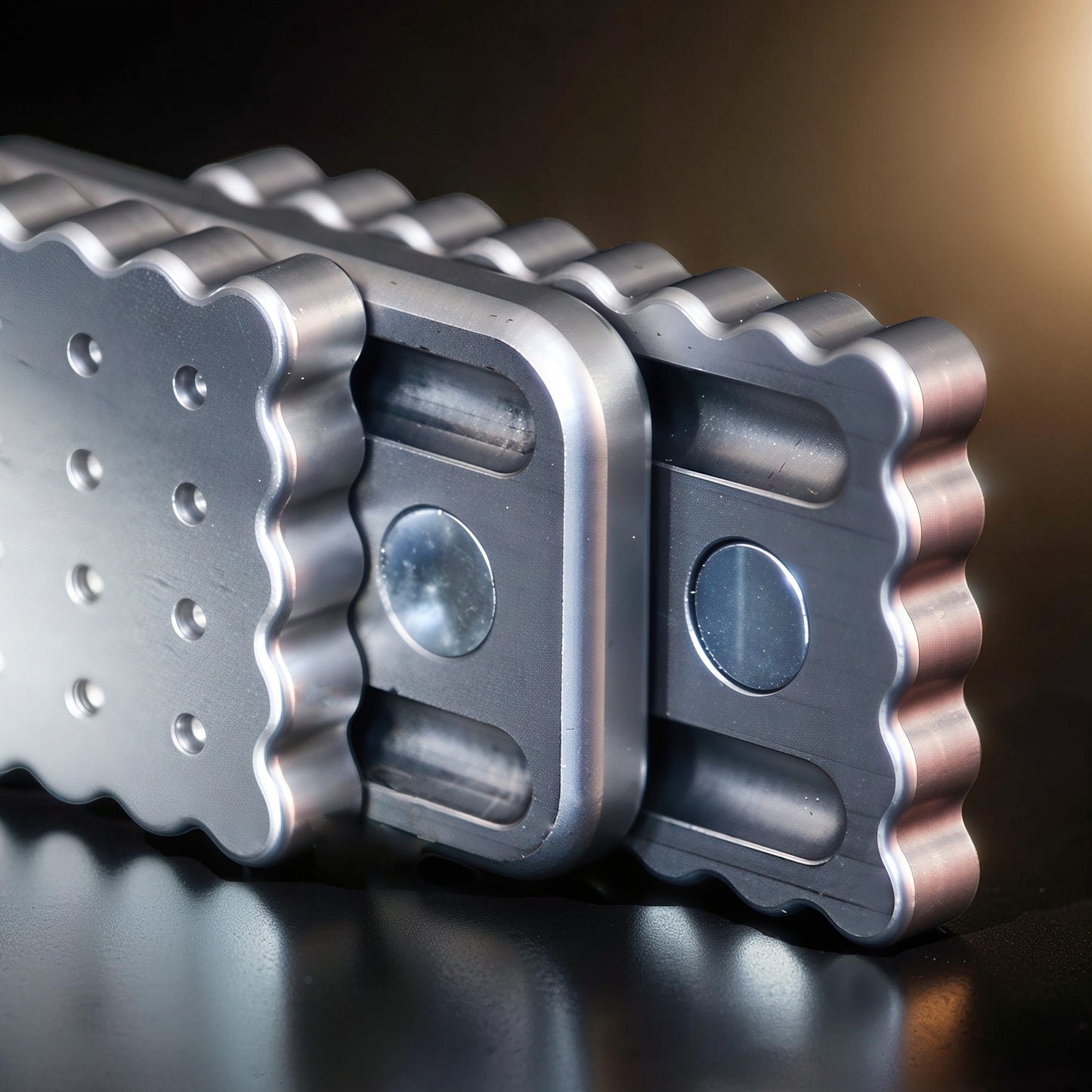 The Curious Mind Biscuit Push Card Slider, a compact metal fidget toy with a scalloped edge and textured surface, designed for tactile feedback and stress relief.
