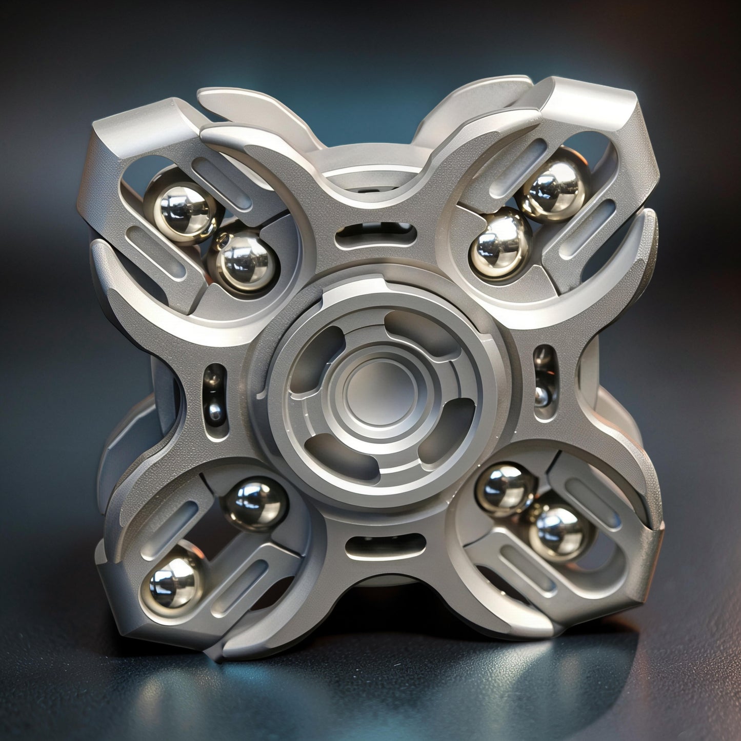 The Curious Mind Oracle Metal EDC Fidget Spinner in silver, featuring a complex geometric design with visible ball bearings for smooth tactile play.
