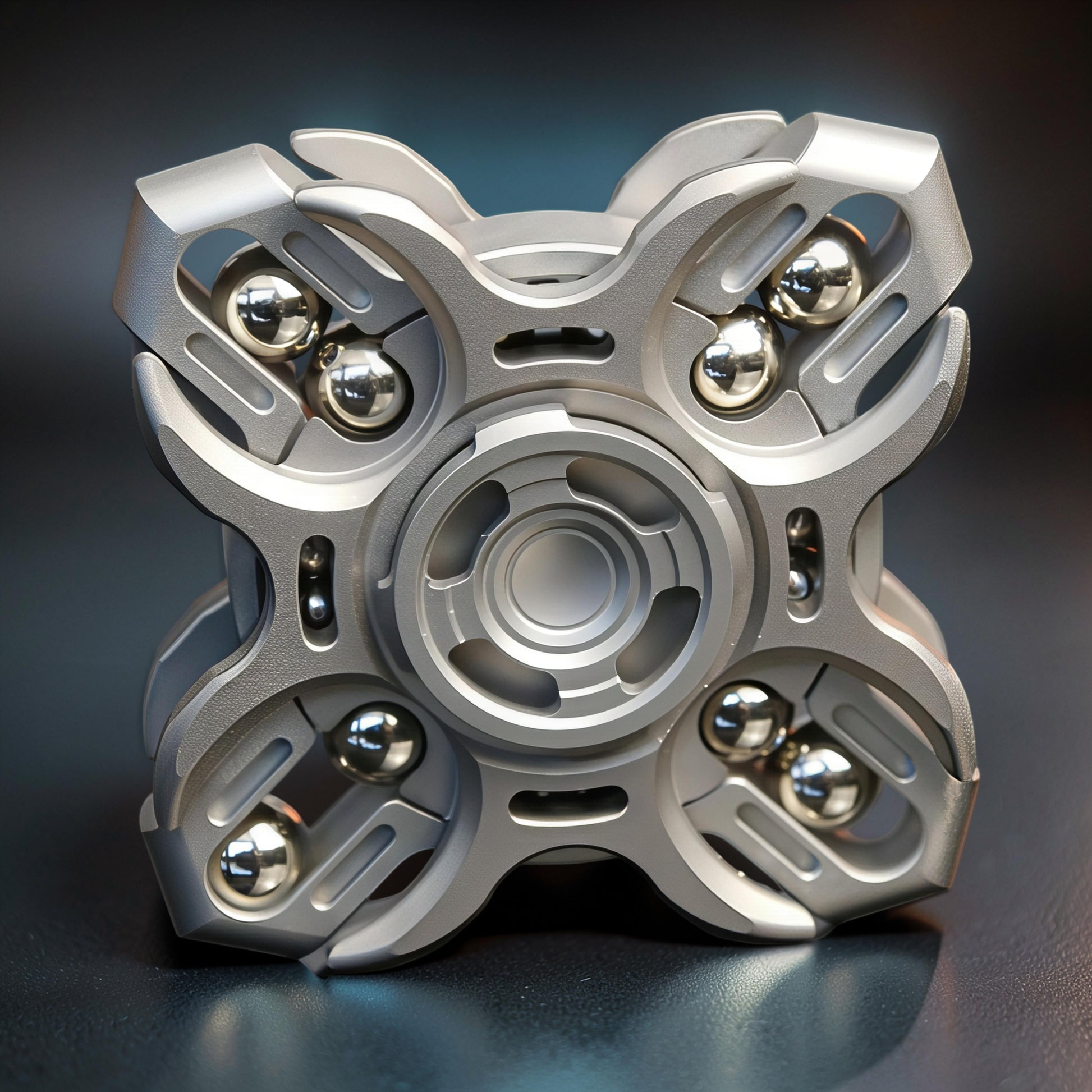 The Curious Mind Oracle Metal EDC Fidget Spinner in silver, featuring a complex geometric design with visible ball bearings for smooth tactile play.