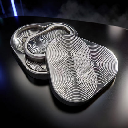 The Curious Mind Triangle Rotary Push Card fidget toy made of brushed metal with concentric circle patterns.