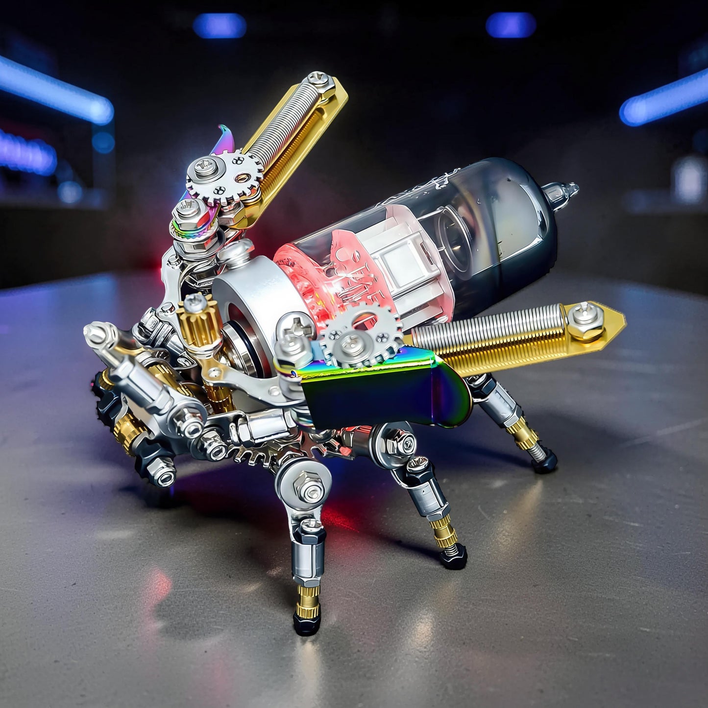 The Curious Mind Firefly punk-style 3D metal model kit, a mechanical spider with glass tube body and intricate metal parts.
