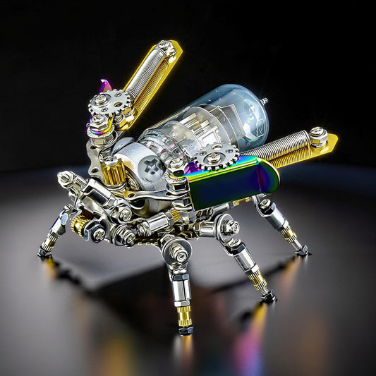 The Curious Mind Firefly punk-style 3D metal model kit, a mechanical insect with intricate gears, springs, and a glass body.