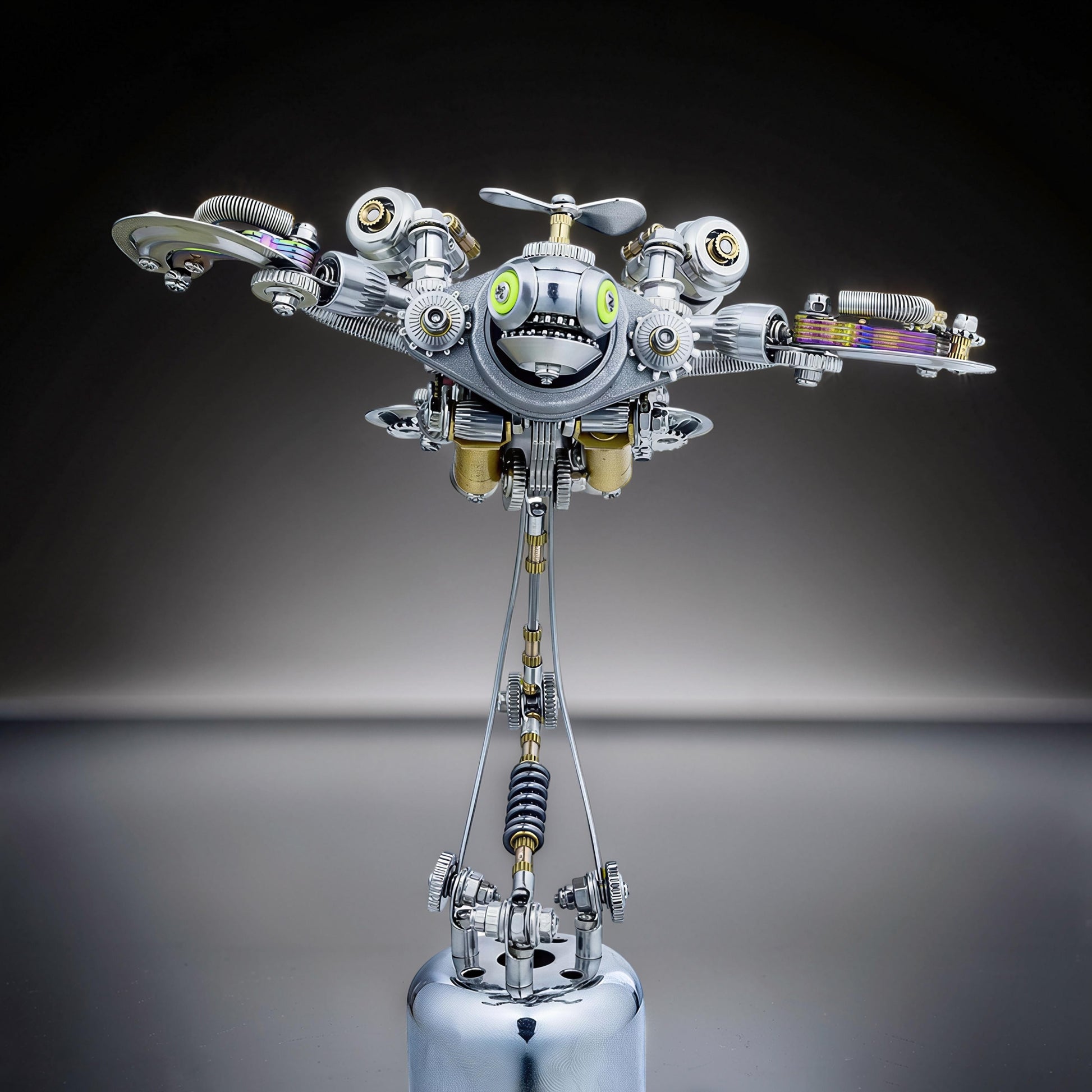 The Curious Mind Punk-Style 3D metal model kit of a robot turtle with silver and gold metal parts, green eyes, and a propeller.