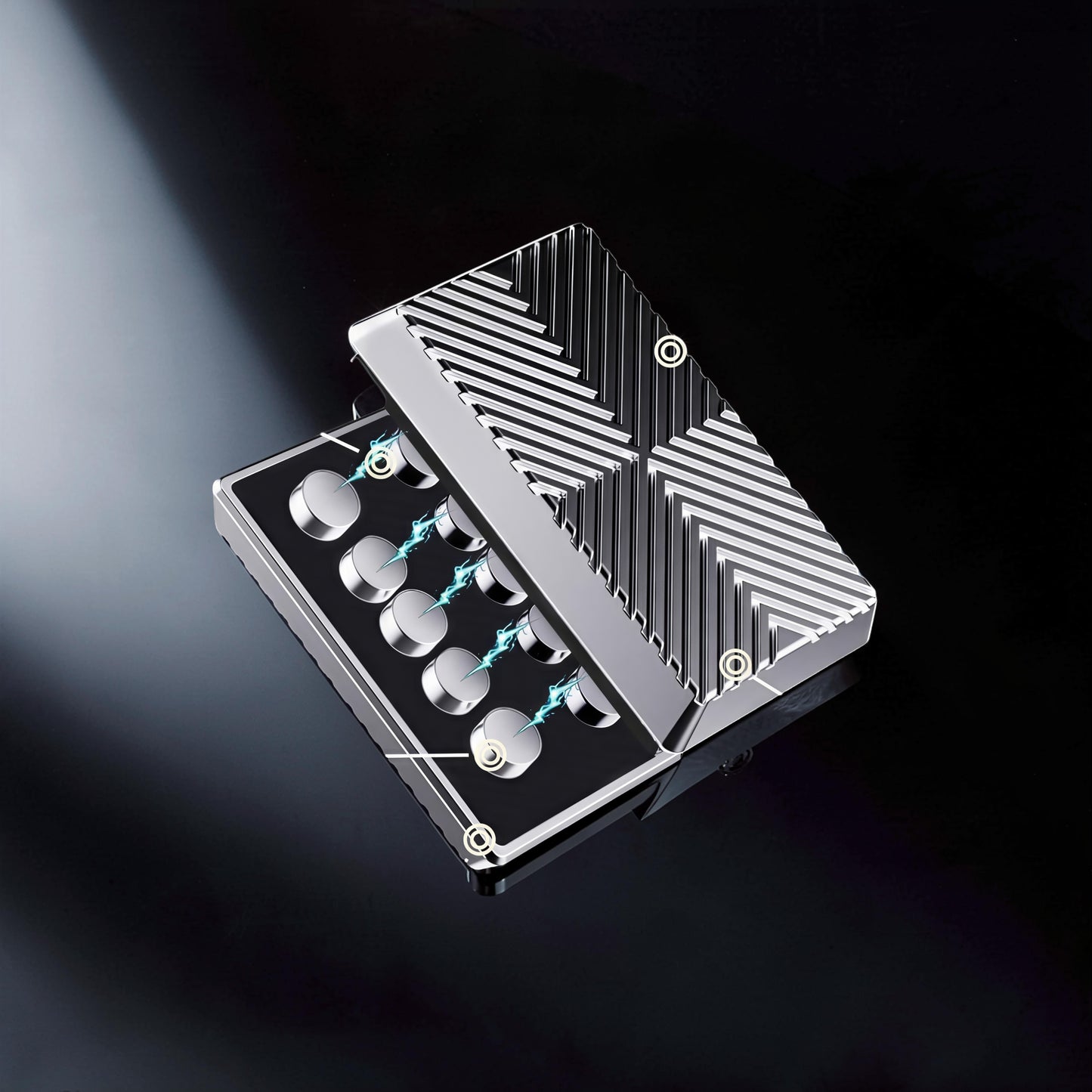 The Curious Mind Cube Push Slider fidget toy, a compact metal cube with a geometric pattern and eight silver push buttons.