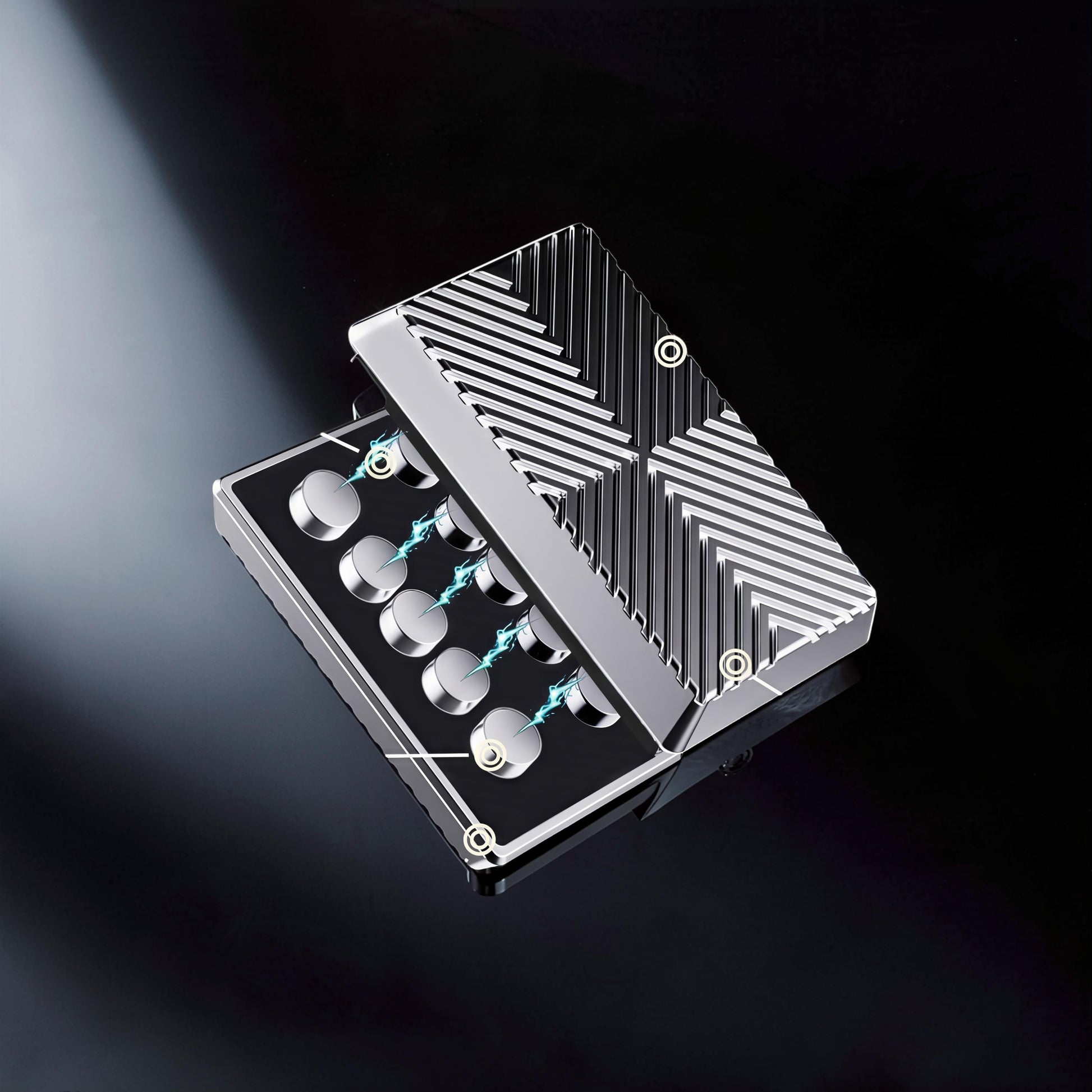 The Curious Mind Cube Push Slider fidget toy, a compact metal cube with a geometric pattern and eight silver push buttons.