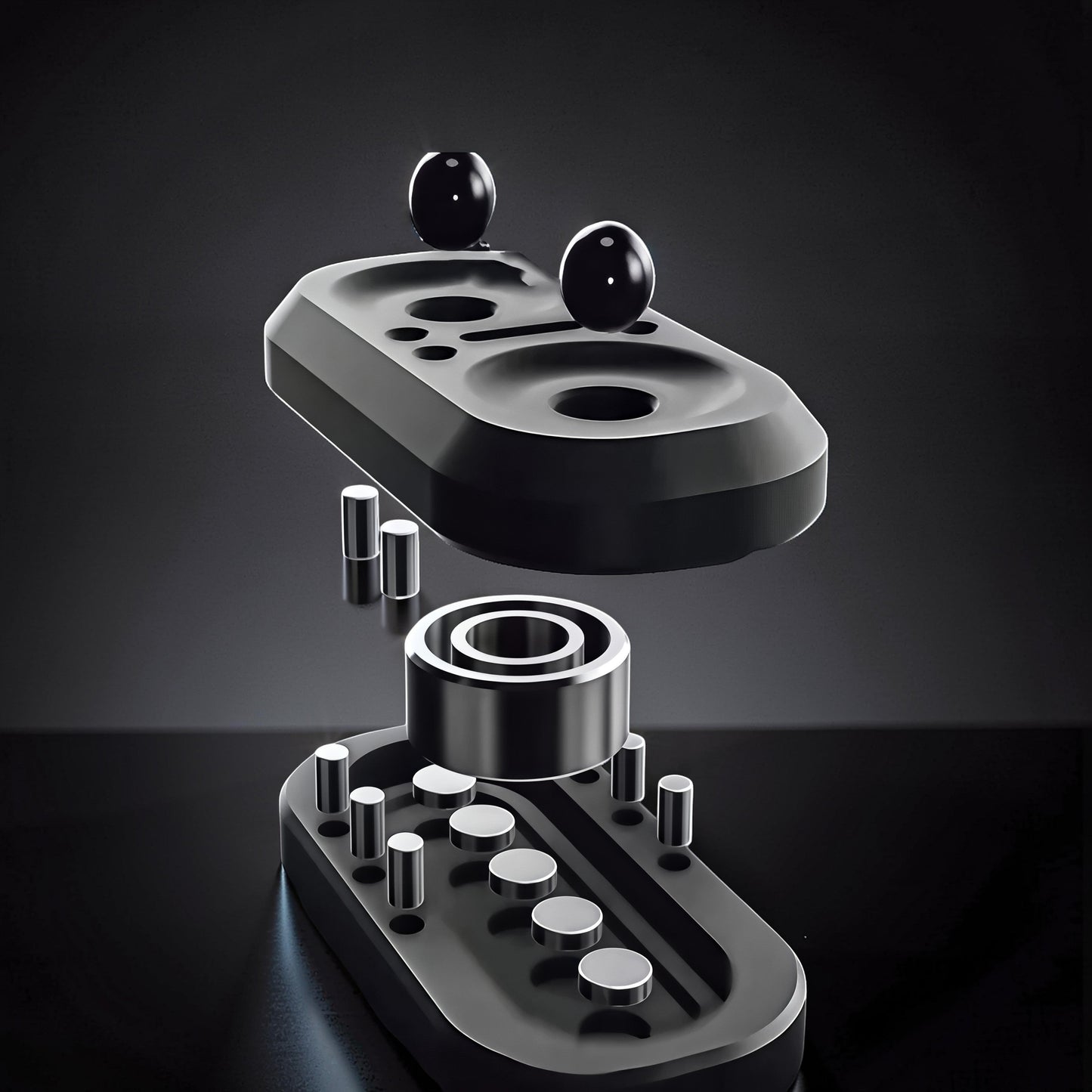 The Curious Mind Owl Push Slider fidget toy, exploded view showing metal construction and internal components.