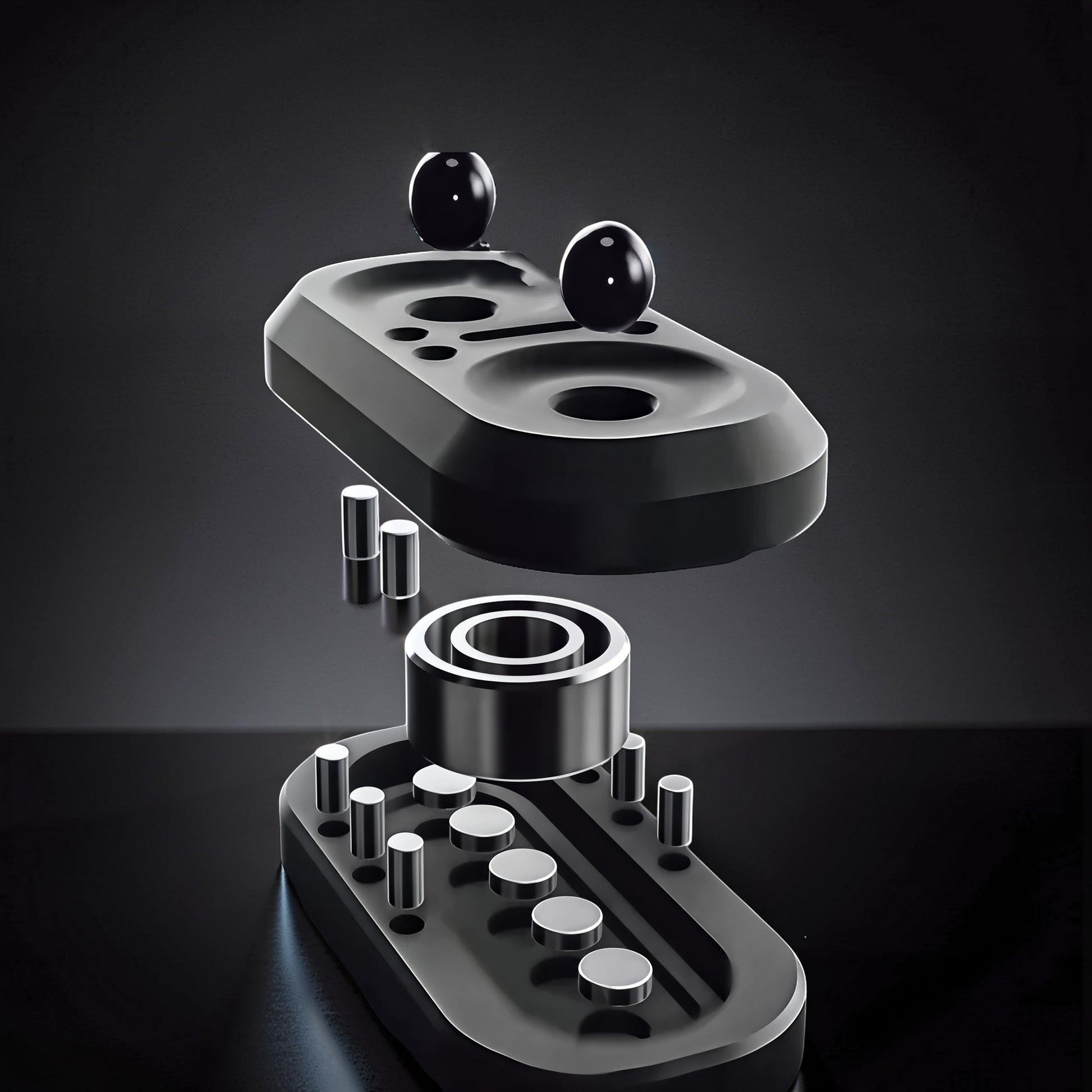The Curious Mind Owl Push Slider fidget toy, exploded view showing metal construction and internal components.
