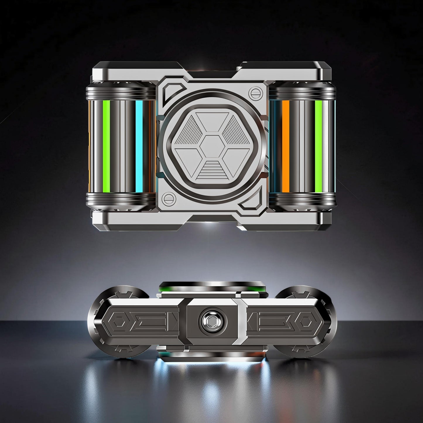 The Curious Mind premium metal EDC spinner with green, blue, and orange accents. Futuristic design.